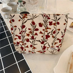 Retro Flowers Print Cosmetic Bag Canvas Washing Bag Large Capacity