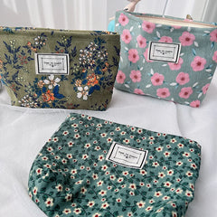 Retro Flowers Print Cosmetic Bag Canvas Washing Bag Large Capacity