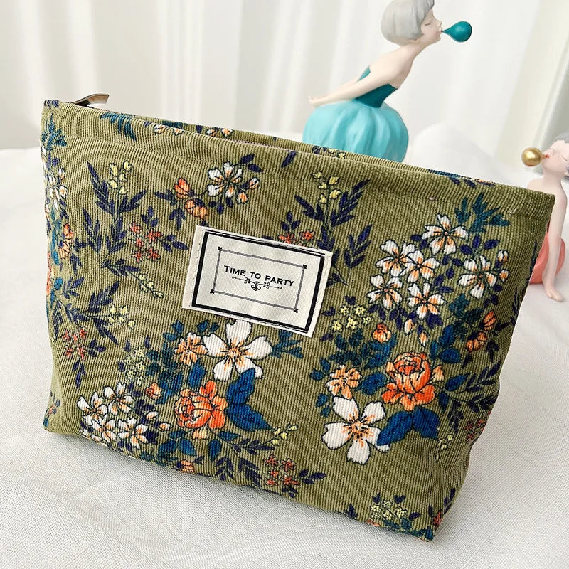 Retro Flowers Print Cosmetic Bag Canvas Washing Bag Large Capacity