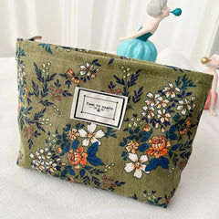 Retro Flowers Print Cosmetic Bag Canvas Washing Bag Large Capacity
