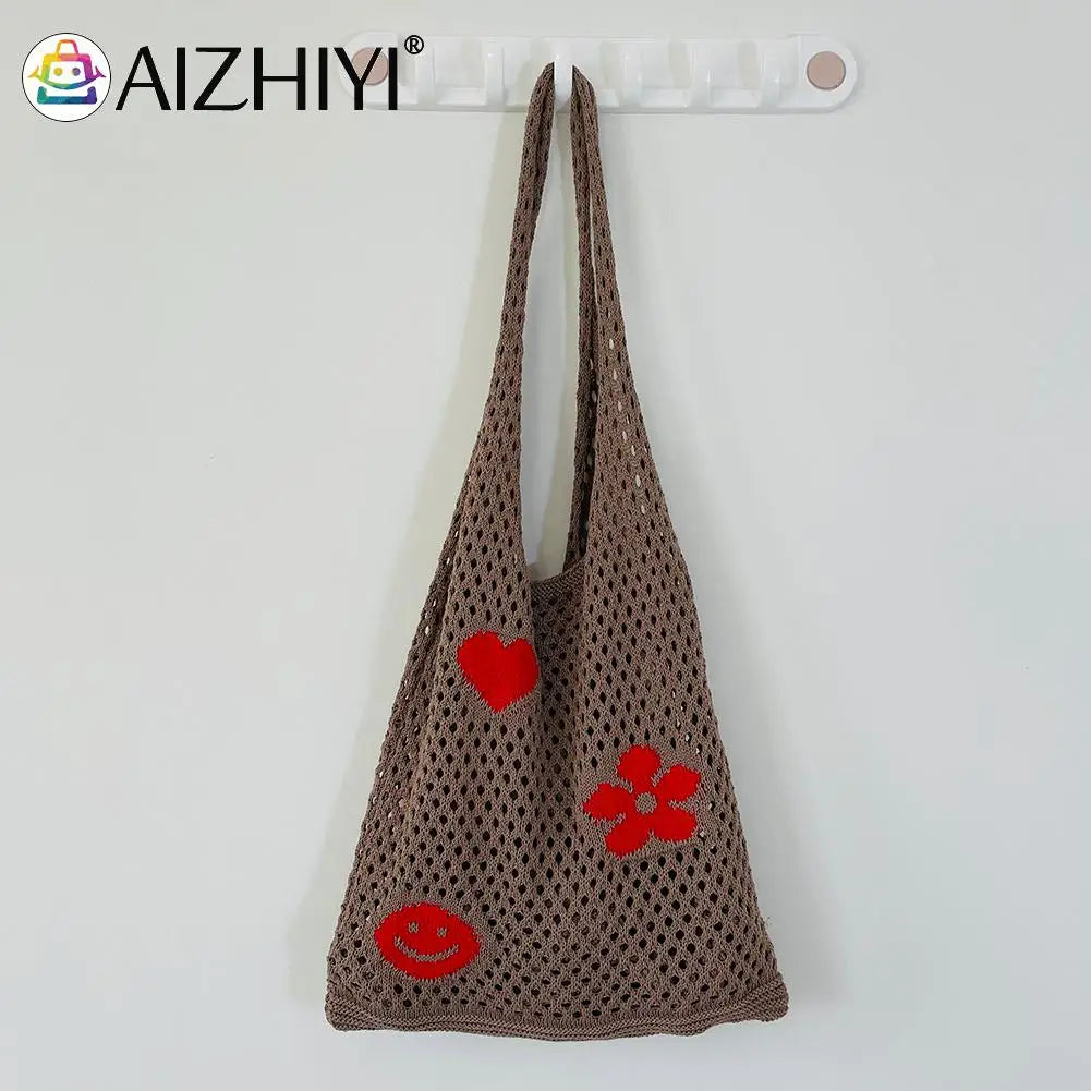 Retro Knitted Shoulder Bag Beach Mesh Hollow Flower Woven Tote Handbag
