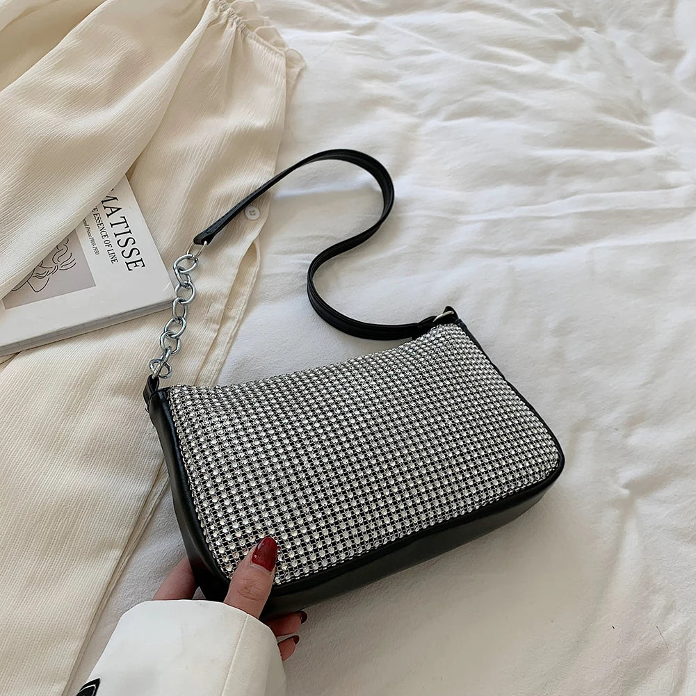 Rhinestone Crossbody Bag PU Leather Chain Clutch Shoulder Pouch