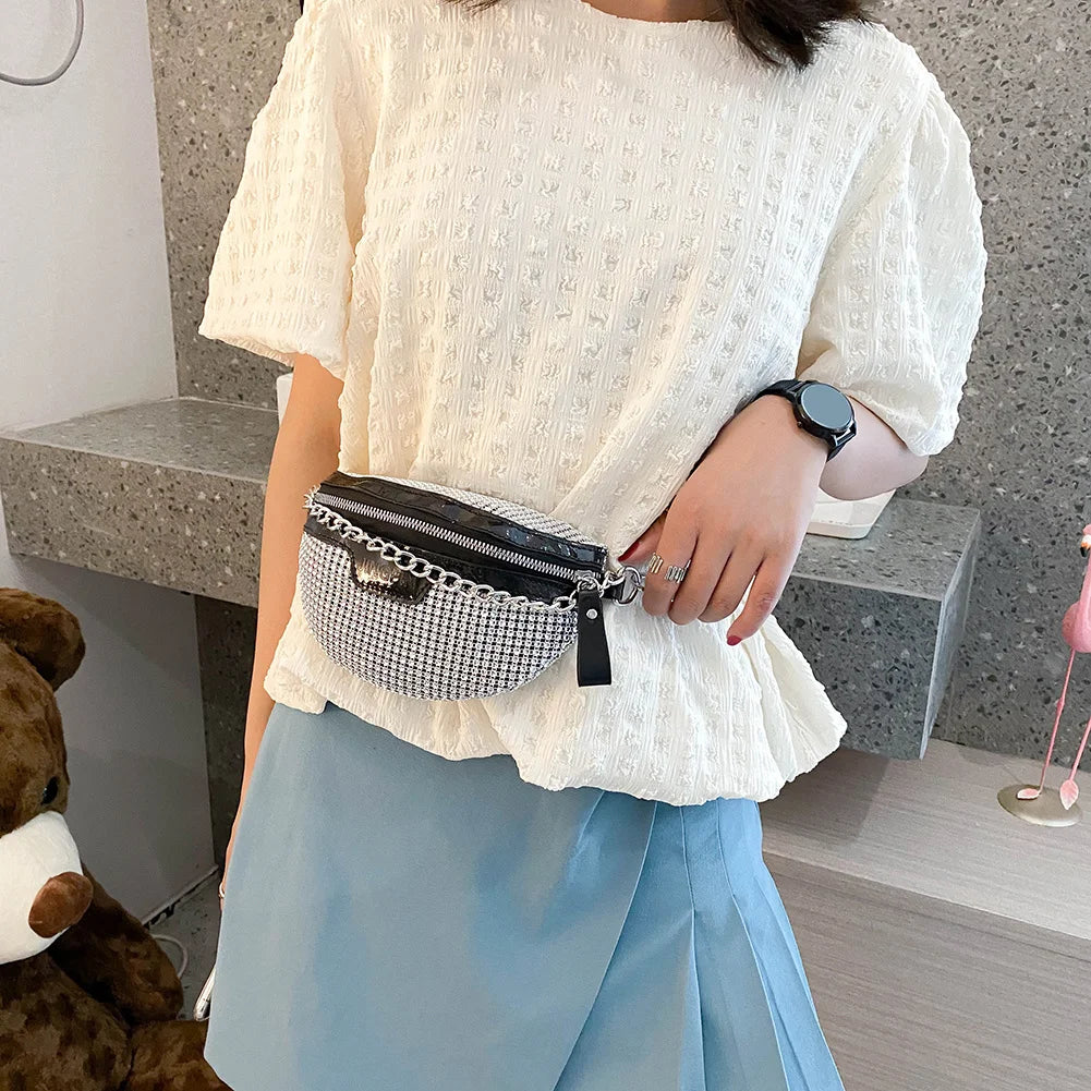 Rhinestone Fanny Chest Pack For Women Chain Zipper Waist Phone Belt Pouch