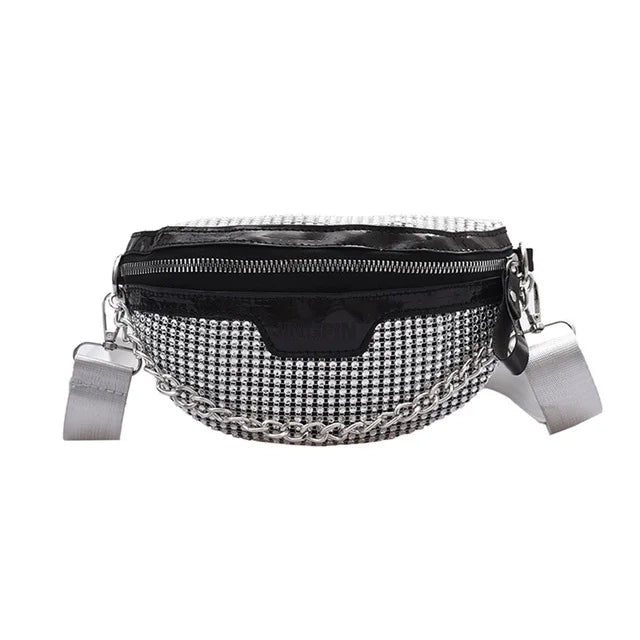 Rhinestone Fanny Chest Pack For Women Chain Zipper Waist Phone Belt Pouch