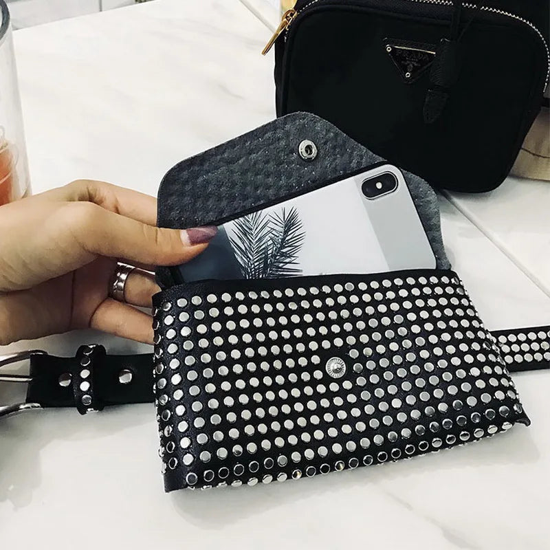 Rivet Fanny Pack Small Women Waist Bag Phone Pouch Punk Belt Bag