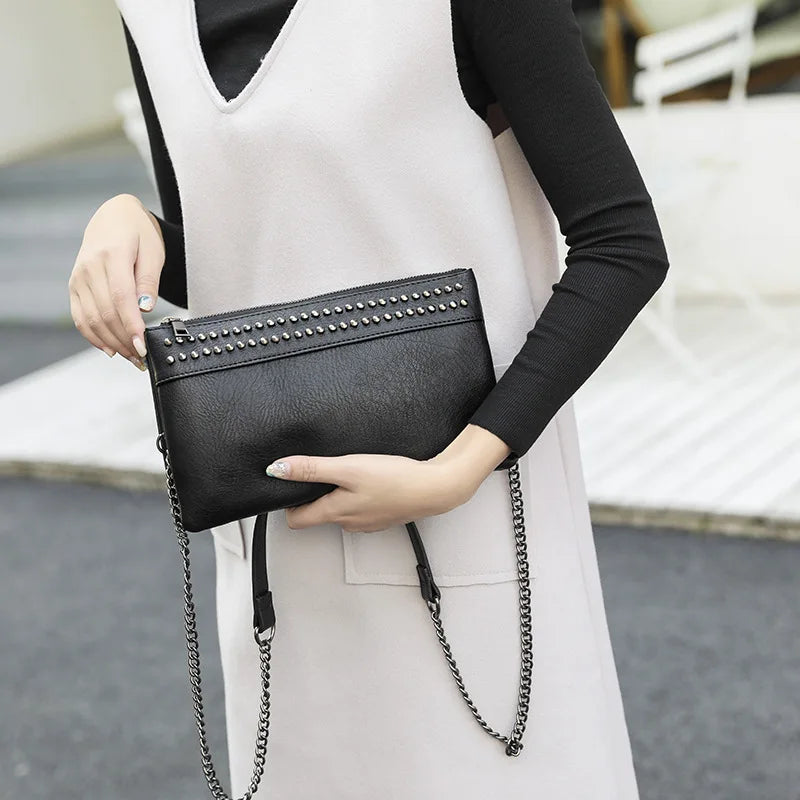 Rivet Women Crossbody Bag PU Leather Wrist Strap Clutch Purses