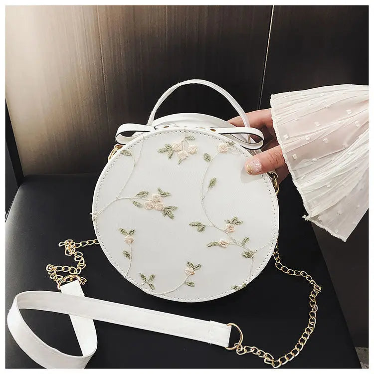 Flower Chain Shoulder Bag PU Leather Crossbody Round Handbag