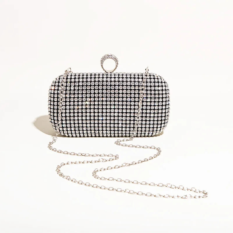 Shining Diamond Clutches Ring Evening Bags Metal Silver Chain Shoulder Bag