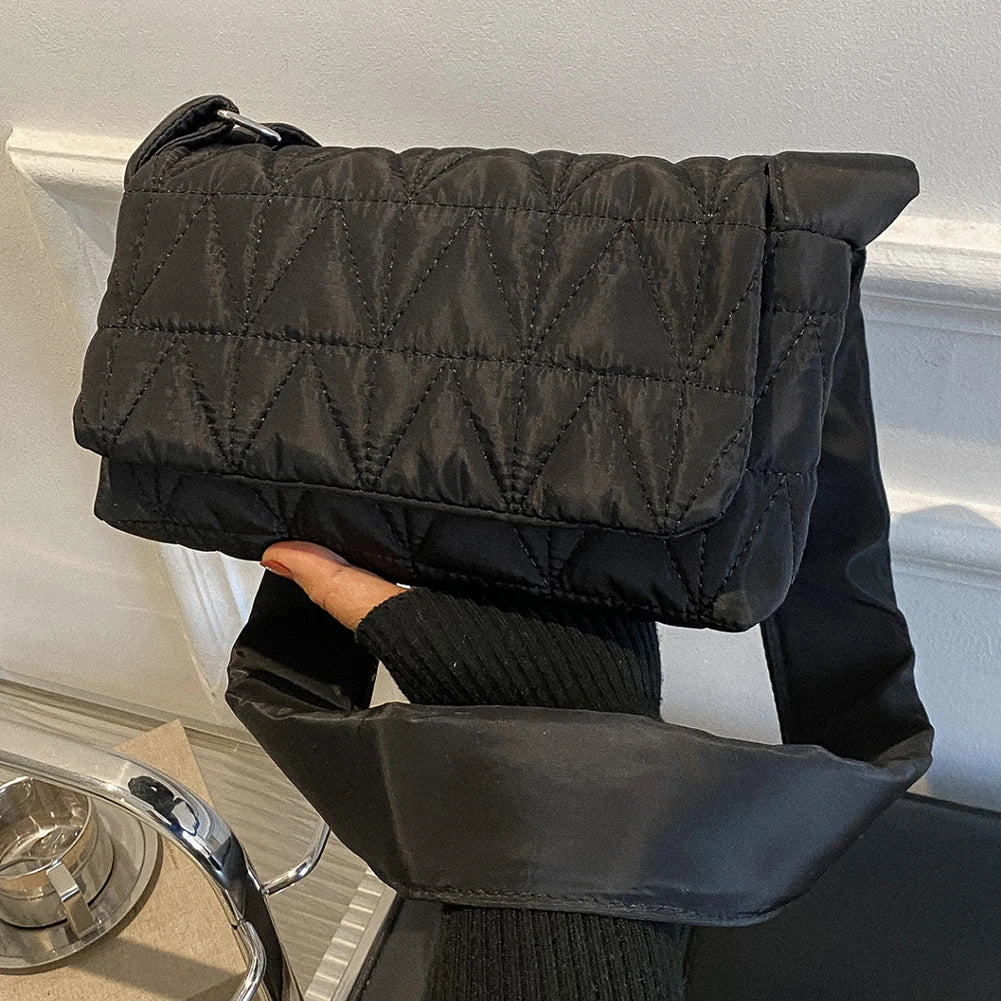 Quilted Rhombus Shoulder Tote Bag, Wide Strap, Cotton Padded