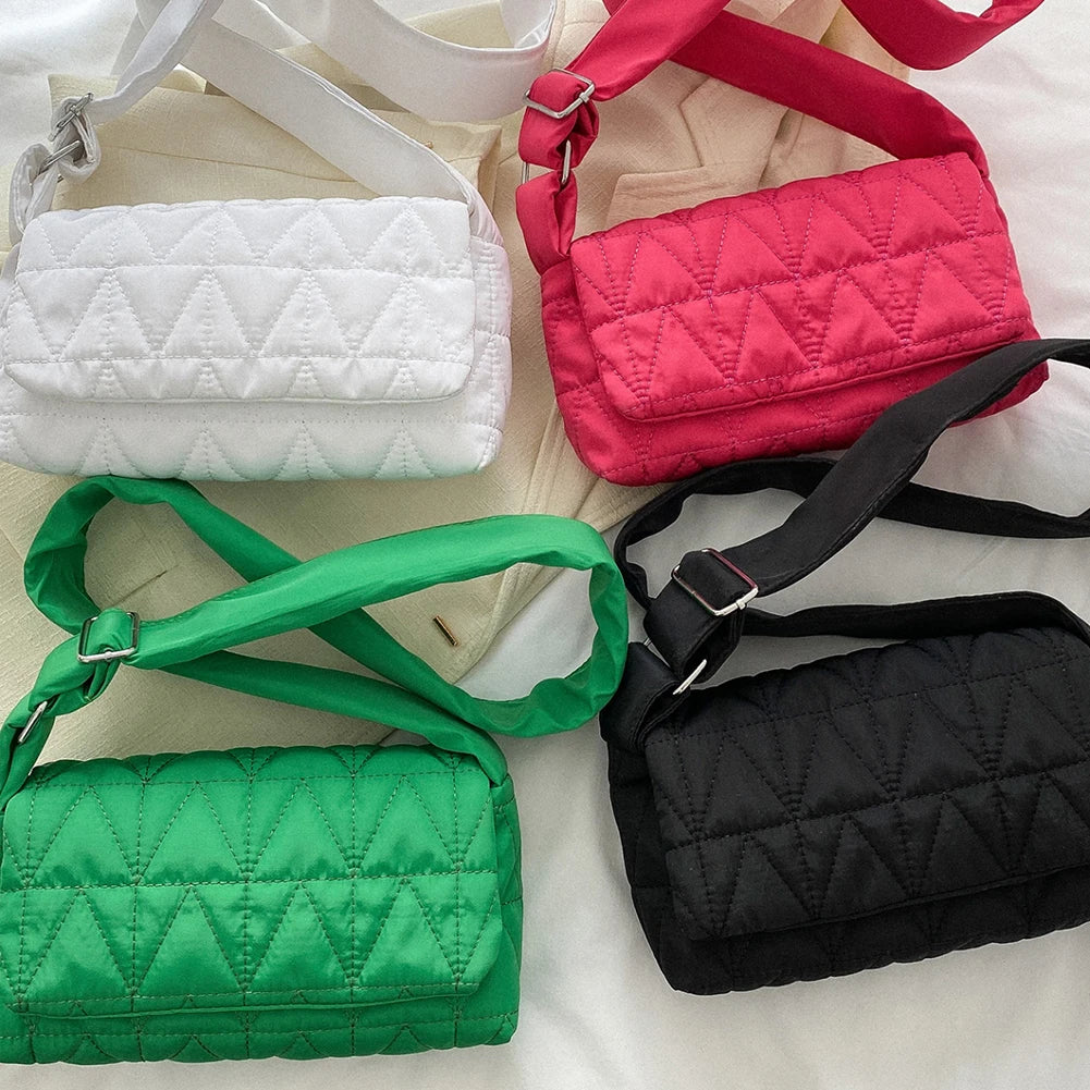 Quilted Rhombus Shoulder Tote Bag, Wide Strap, Cotton Padded