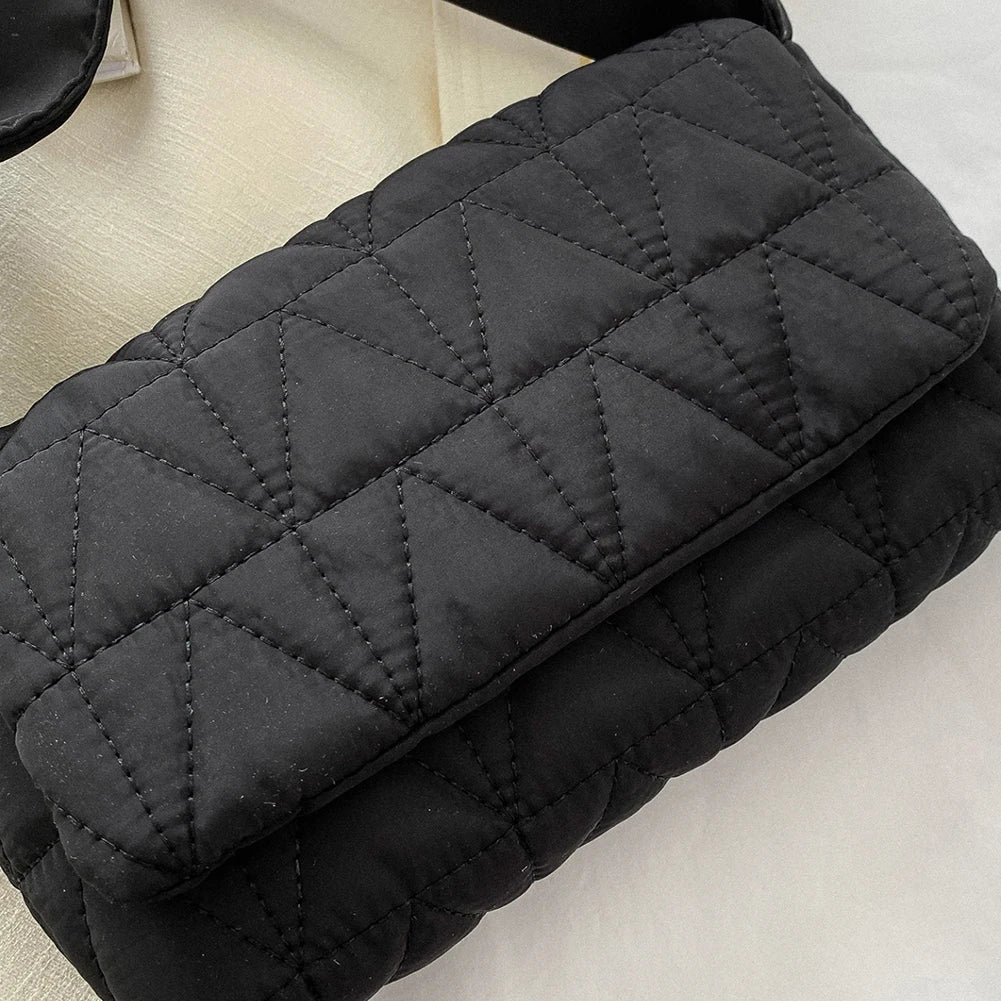 Quilted Rhombus Shoulder Tote Bag, Wide Strap, Cotton Padded