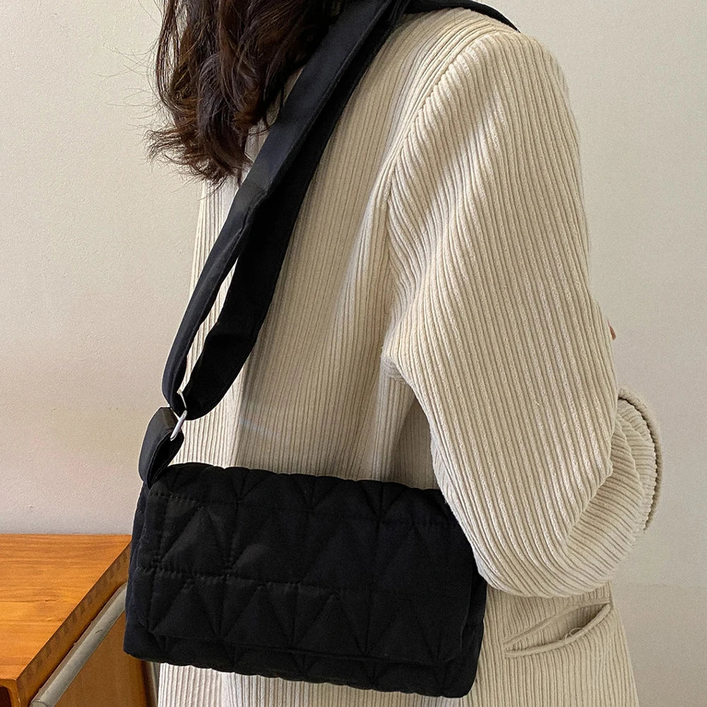 Quilted Rhombus Shoulder Tote Bag, Wide Strap, Cotton Padded