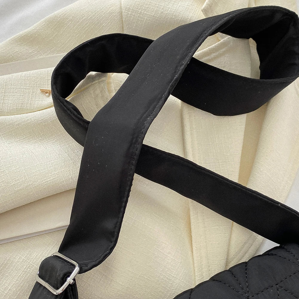 Quilted Rhombus Shoulder Tote Bag, Wide Strap, Cotton Padded