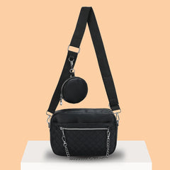 Rhombus Pattern Leather Shoulder Bag with Small Purse