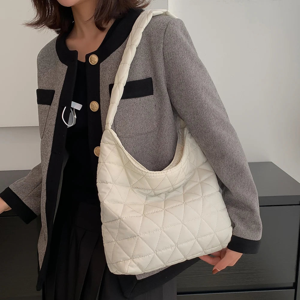 Winter Cotton Padded Shoulder Bag Soft Handbag Casual Quilted Tote Bag