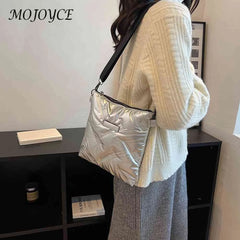 Quilted Cotton Padded Crossbody Handbag Solid Hand Bags Women Zipper
