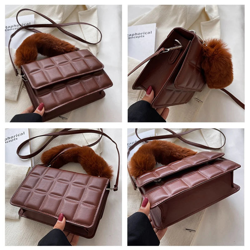 Winter Fur Top-handle Handbags Purse Female PU Leather Bag Small Flap Crossbody
