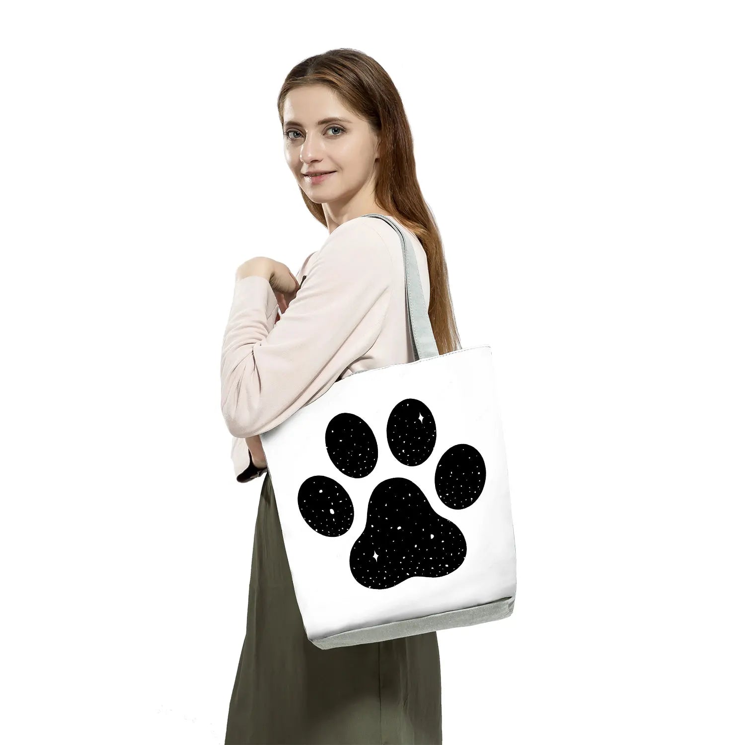 Eco Portable Dog Paw Print Tote Bag Funny Cartoon Pug Handbag