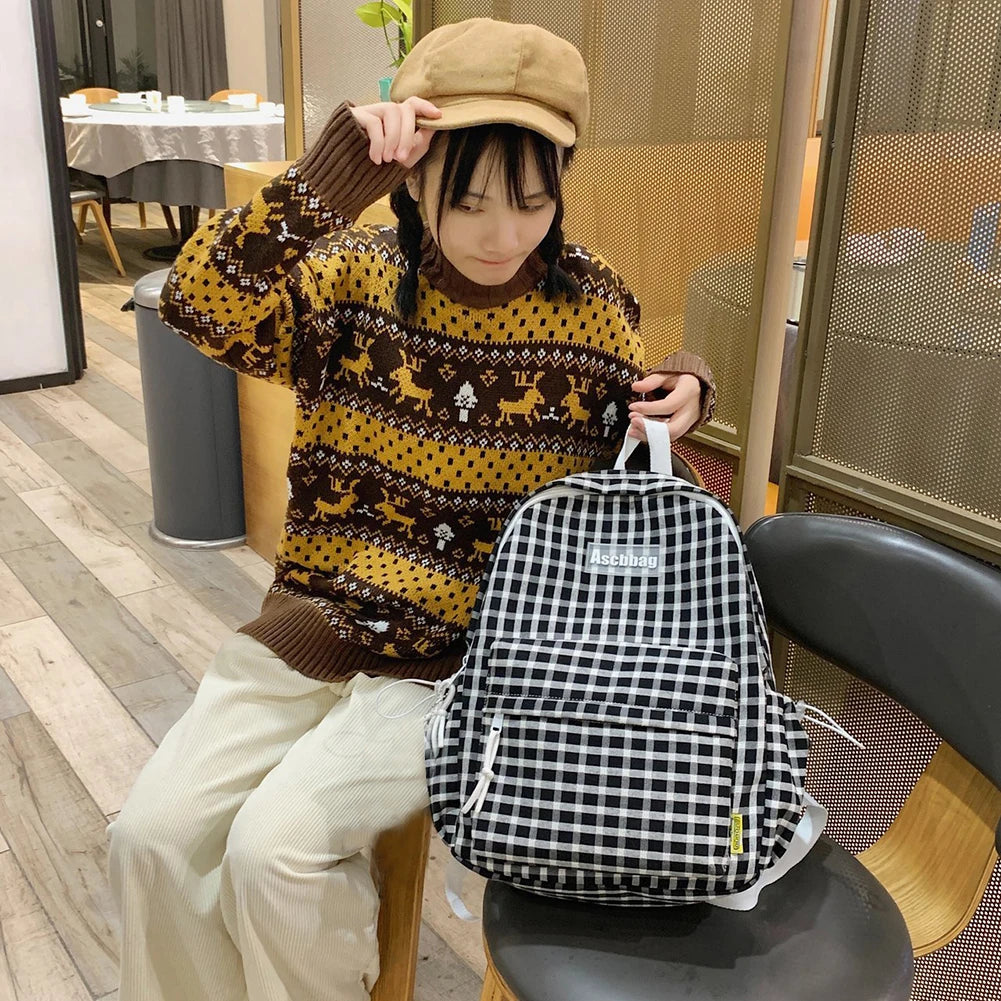 Plaid Backpack Fresh Laptop Bookbag College Schoolbag
