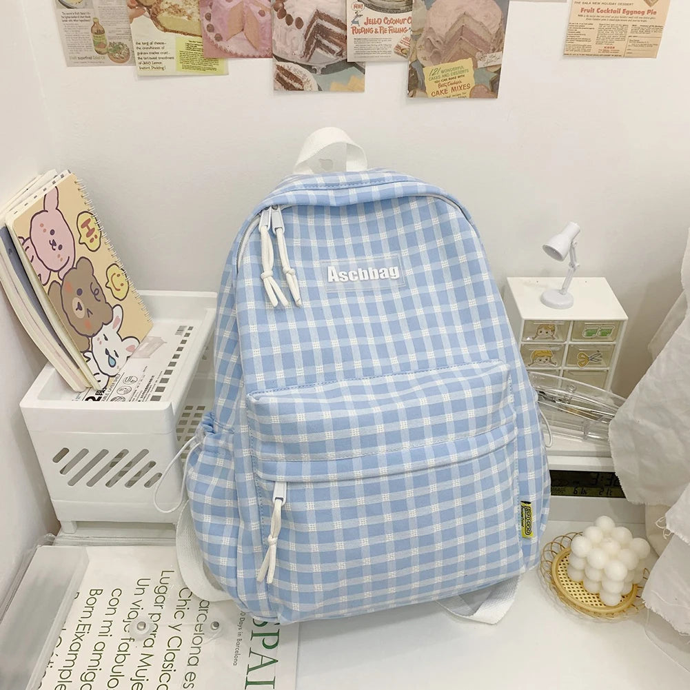 Plaid Backpack Student College Schoolbag Laptop Bookbag for Teens