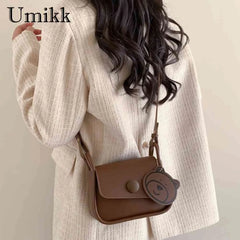 Small Crossbody Bag PU Leather Lightweight with Bear Pend