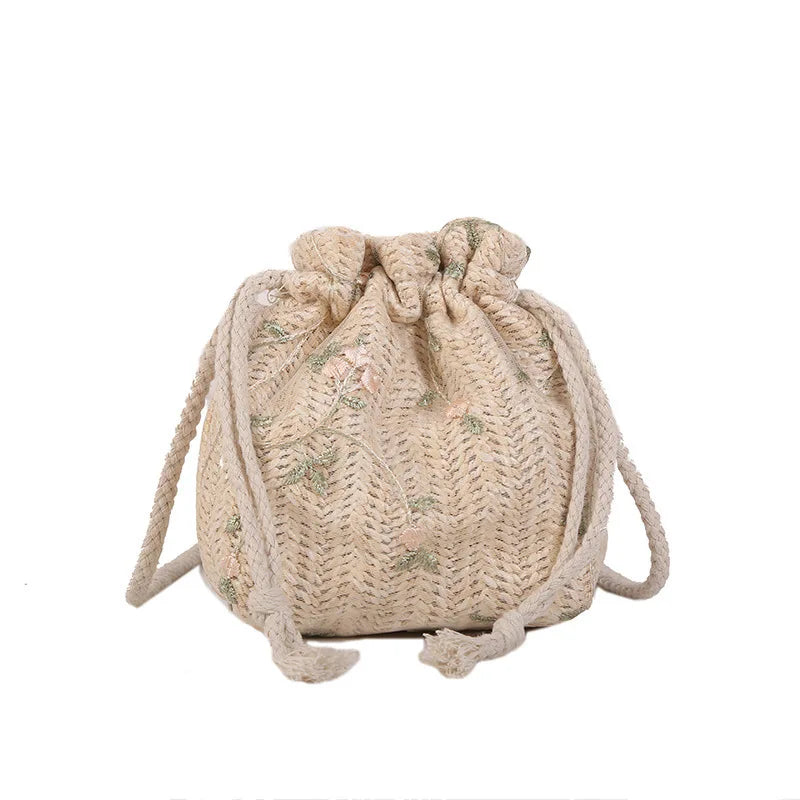 Small Shoulder Bags Women Beach Straw Woven Flower Embroidery Bags