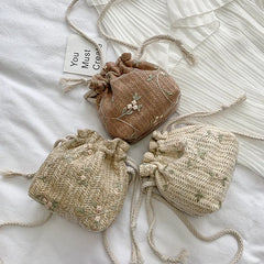 Small Shoulder Bags Women Beach Straw Woven Flower Embroidery Bags