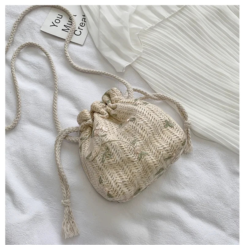 Small Shoulder Bags Women Beach Straw Woven Flower Embroidery Bags