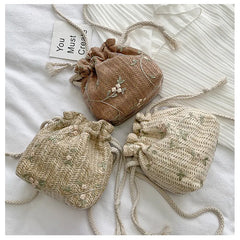 Women Straw Beach Bags Drawstring Flower Embroidery Crossbody Handbags