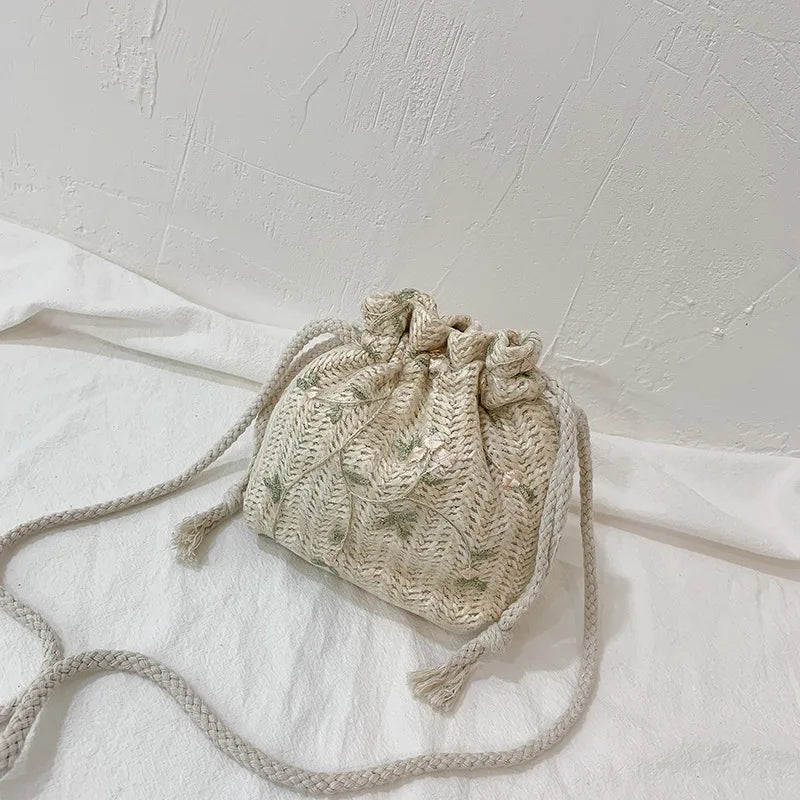 Women Drawstring Straw Beach Bags Crossbody Handbags