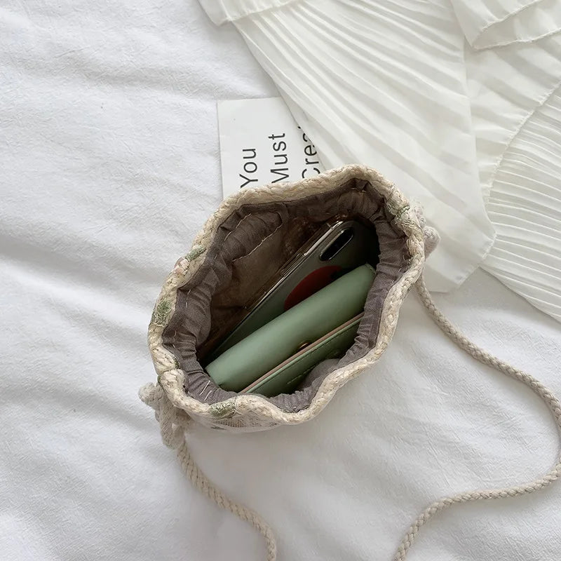 Women Drawstring Straw Beach Bags Crossbody Handbags