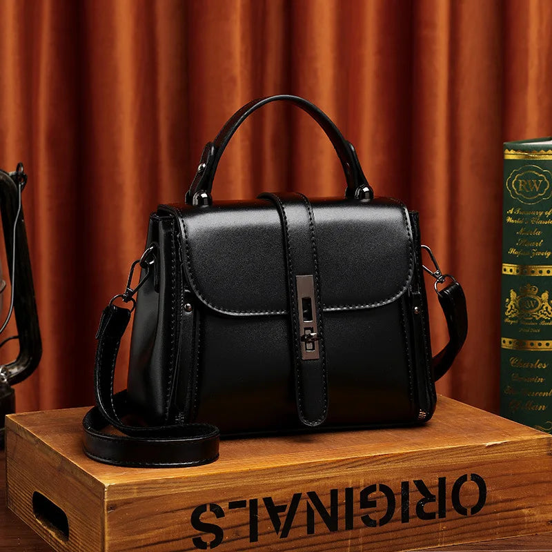 Small Square Women Shoulder Bag Lock Solid PU Leather Messenger Bag