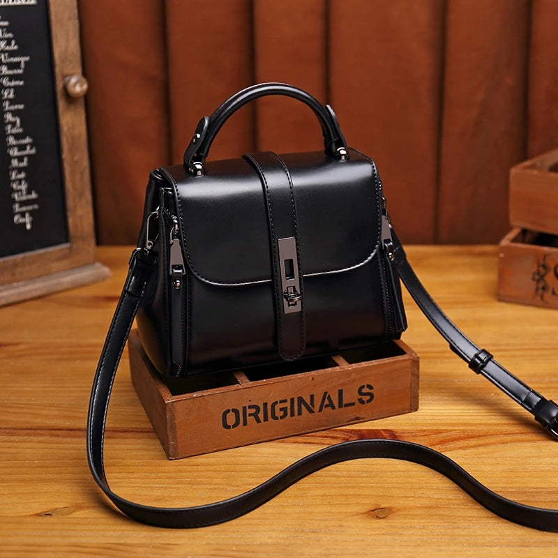 Small Square Women Shoulder Bag Lock Solid PU Leather Messenger Bag