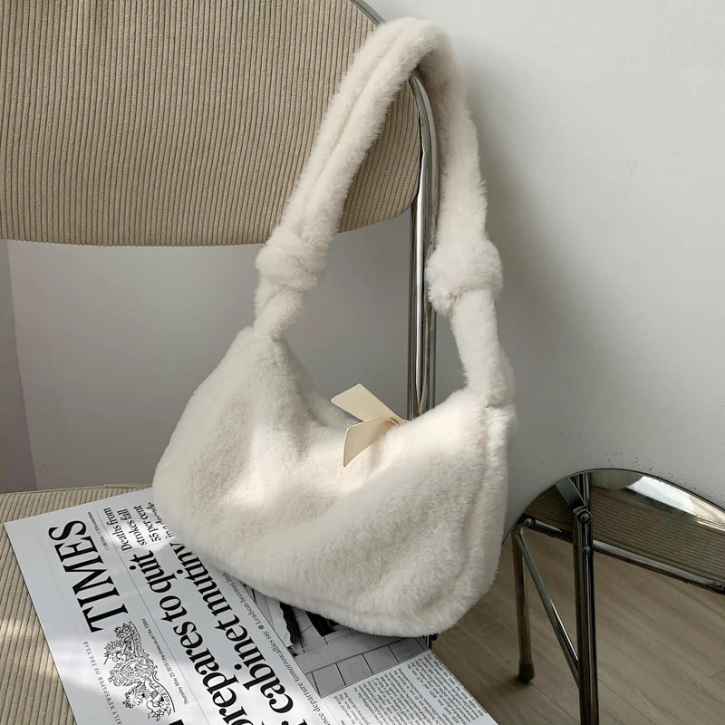 Soft Plush Handbags Faux Fur Hobo Small Shoulder Bag Clutch Purse Solid Female