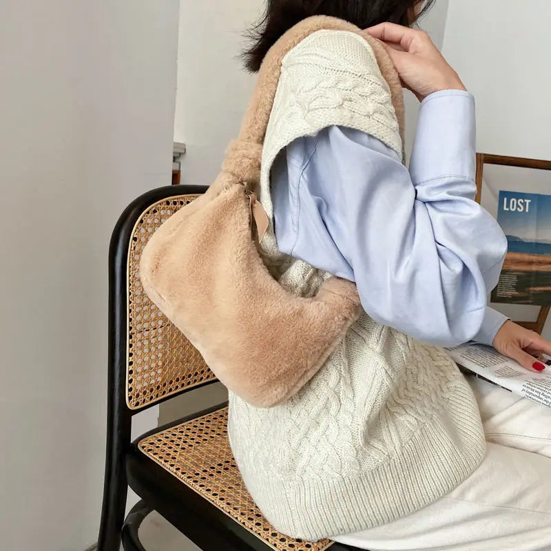 Soft Plush Women Hobos Handbags Faux Fur Ladies Small Shoulder Bags