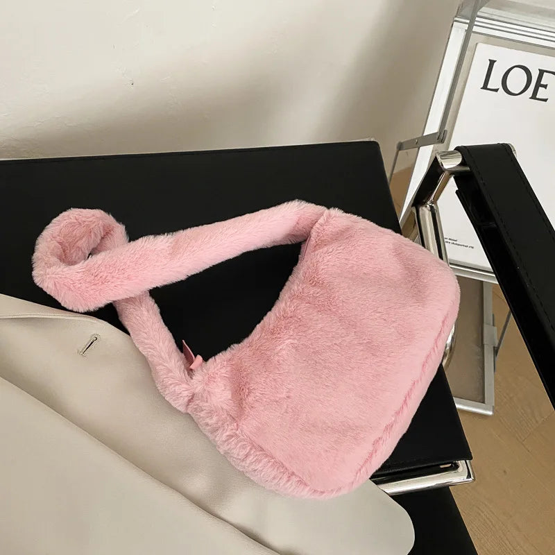 Soft Plush Women Hobos Handbags Faux Fur Ladies Small Shoulder Bags Winter