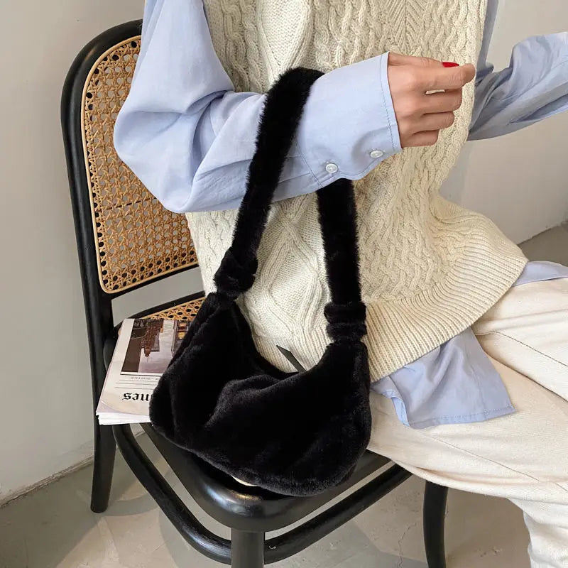 Soft Plush Women Hobos Handbags Faux Fur Ladies Small Shoulder Bags