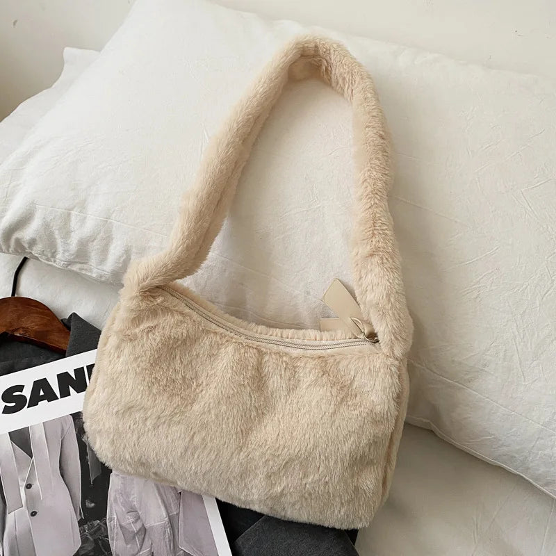 Soft Plush Women Hobos Handbags Faux Fur Ladies Small Shoulder Bags Winter
