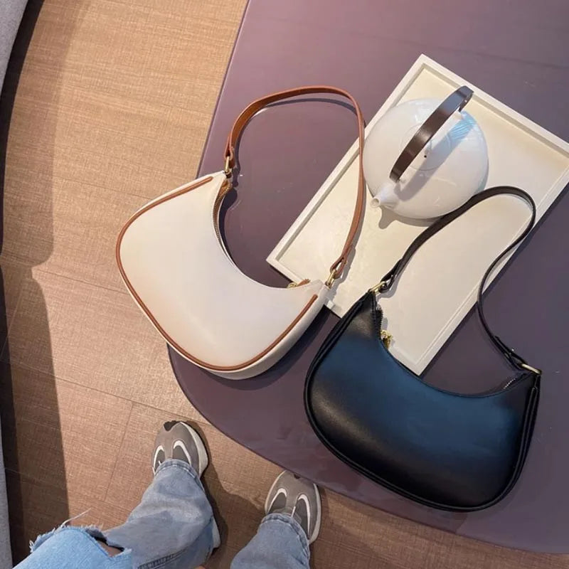 Solid PU Leather Half Moon Bag Casual Underarm Shoulder Handbag