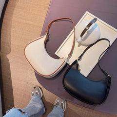 Solid PU Leather Half Moon Bag Casual Underarm Shoulder Handbag