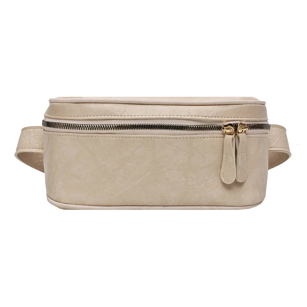 Women PU Leather Zipper Waist Bag Casual Shoulder Crossbody Pack
