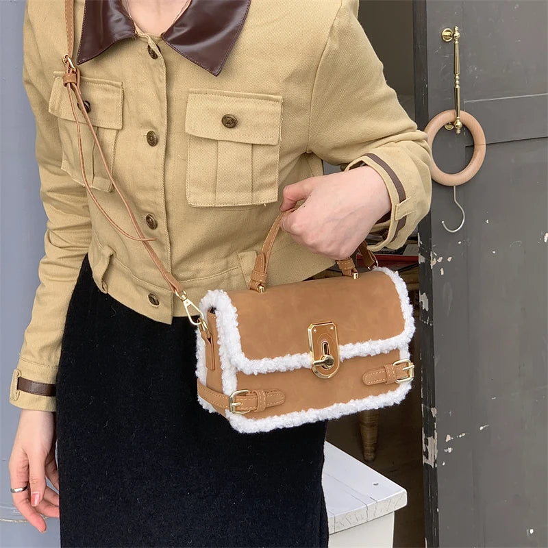Plush Top-handle Bag Vintage Shoulder Messenger Casual Tote Purse