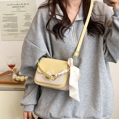 Square Leather Crossbody Bag with Silk Scarf Decoration