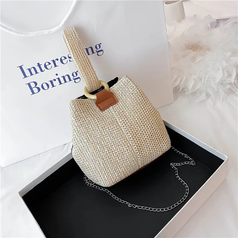 Straw Bucket Bag Women Hand-woven Handbag Beach Chain Shoulder Bag