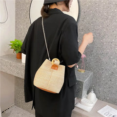Straw Bucket Bag Women Hand-woven Handbag Beach Chain Shoulder Bag