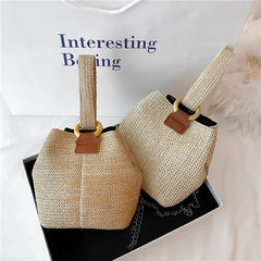 Straw Bucket Bag Women Hand-woven Handbag Beach Chain Shoulder Bag