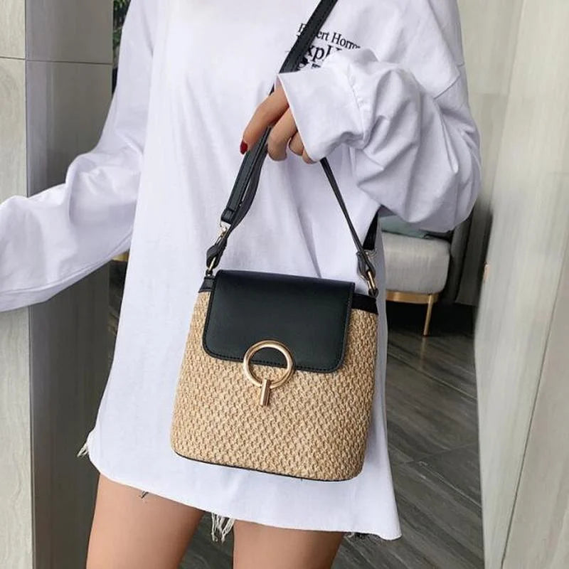 Straw Shoulder Messenger Bags Women's Woven Bucket Bag Summer Beach Straw Bag