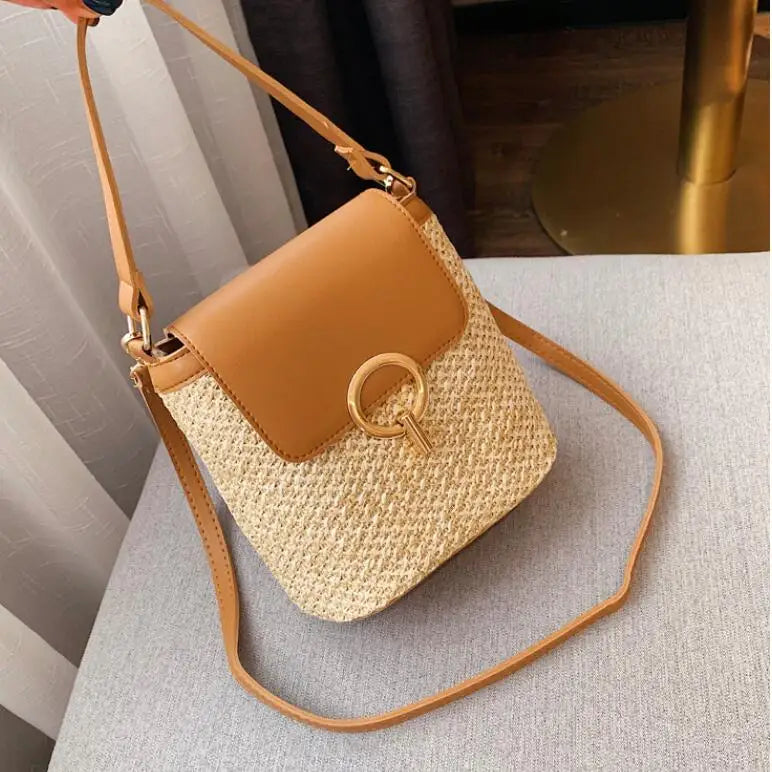 Straw Shoulder Messenger Bags Women's Woven Bucket Bag Summer Beach Straw Bag