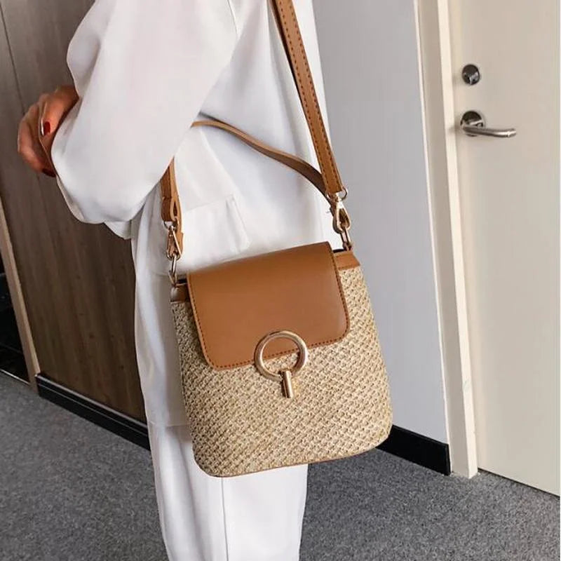 Straw Shoulder Messenger Bags Women's Woven Bucket Bag Summer Beach Straw Bag