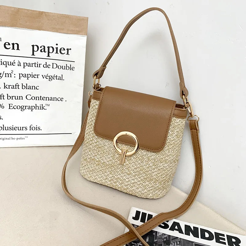 Straw Shoulder Messenger Bags Women's Woven Bucket Bag Summer Beach Straw Bag